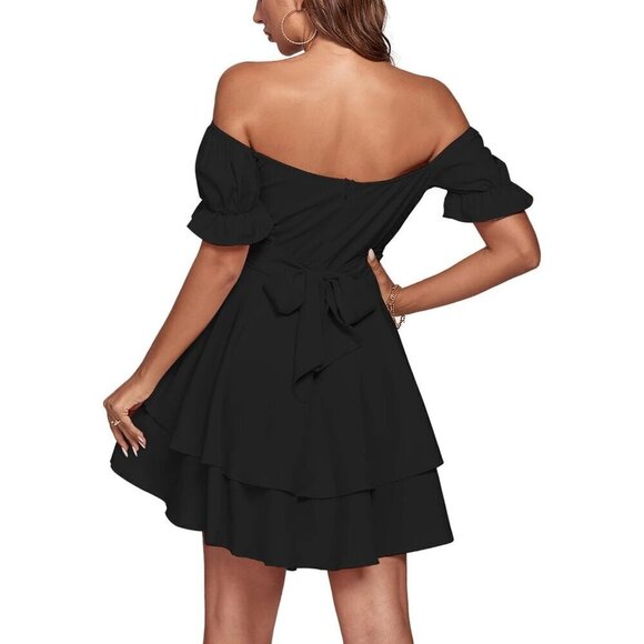 Women Black Tie Back Off Shoulder Wrap Layer Ruffle Short Sleeve Mini Dress - Picture 2 of 7